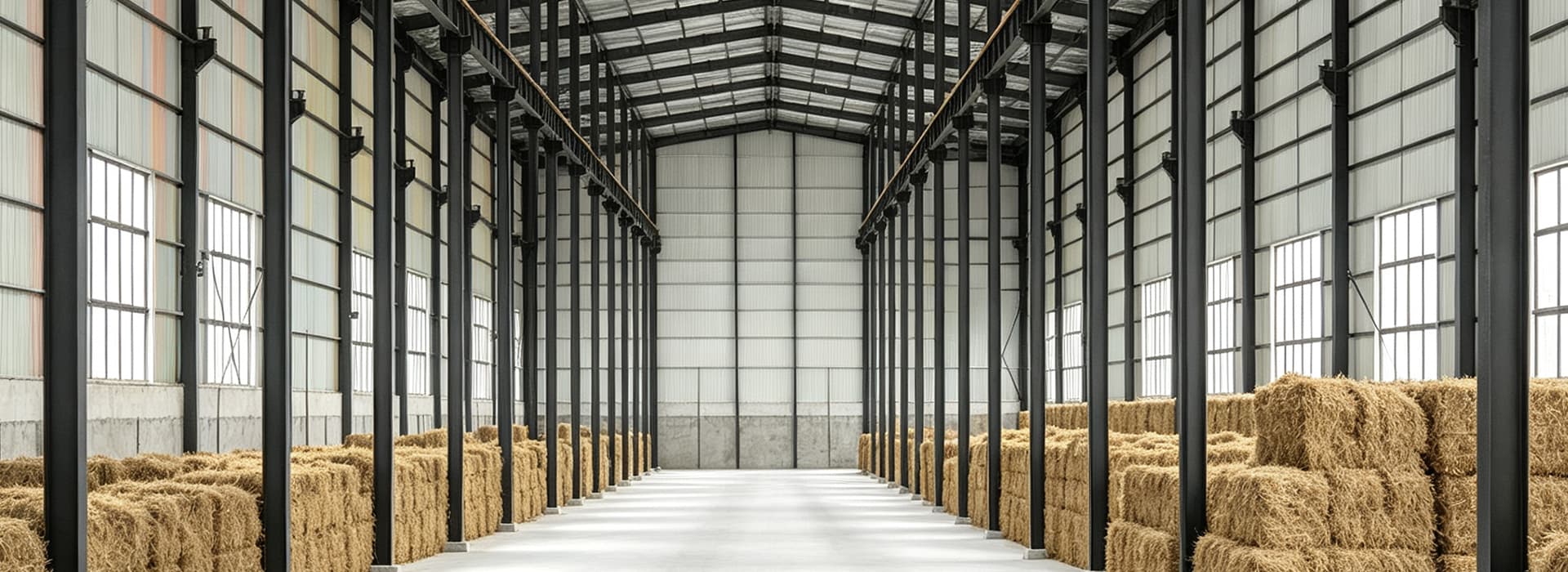 agricultural steel building showing primary steel members and connection details.